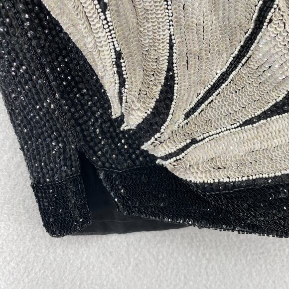 SEQUINED Blouse M Silk Crepe Fully Beaded Heavy Embellished V-Neck Vintage Black - Picture 8 of 11